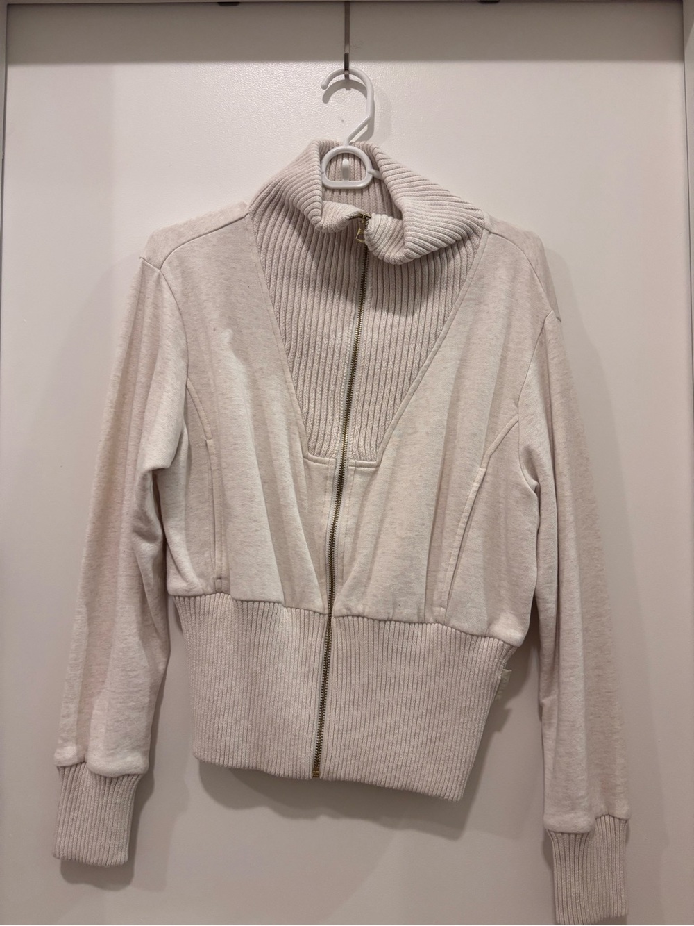 Varley Cream Zip-Front Ribbed Cowl Sweater